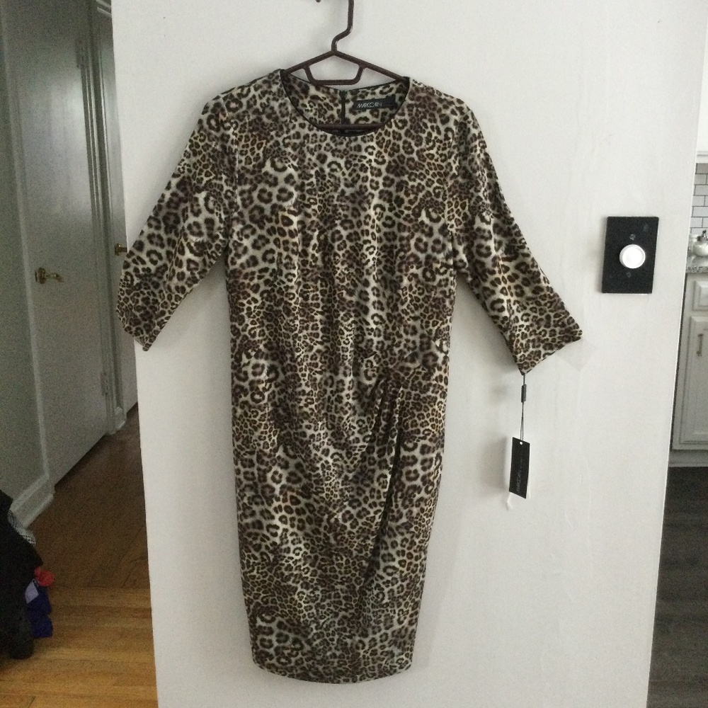 Marc Cain 3/4 Sleeve Sheer Side Leopard Print Dress, Size 4, NWT